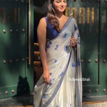 Women's Chic Snow White Georgette Saree with Vibrant Blue Butterfly Digital Print & Contrasting Border – Perfect for Casual Outings & Day Events